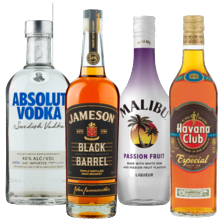 Malibu, Absolut vodka, Havana Club especial of Jameson Irish whiskey